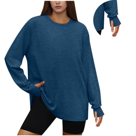Soft Long Sleeve Workout Tops for Women Crew Neck Thumb Holes Golf Running Hiking Athletic Oversize Shirts (XXL Blue)