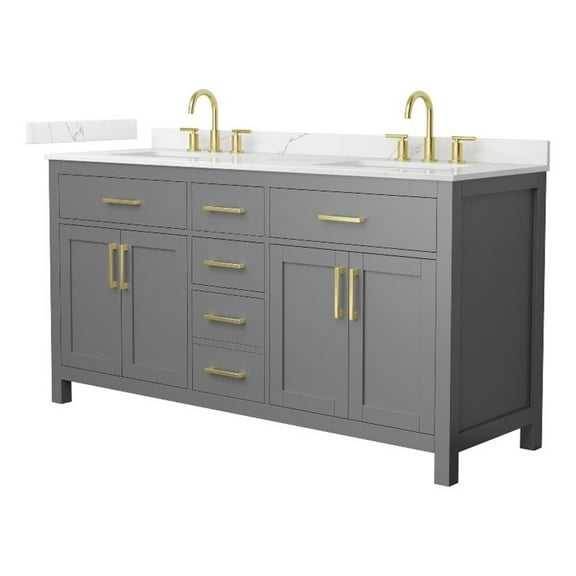 Beckett 66" Dark Gray Double Vanity & Giotto Quartz Top (3-Hole) & Gold Trim