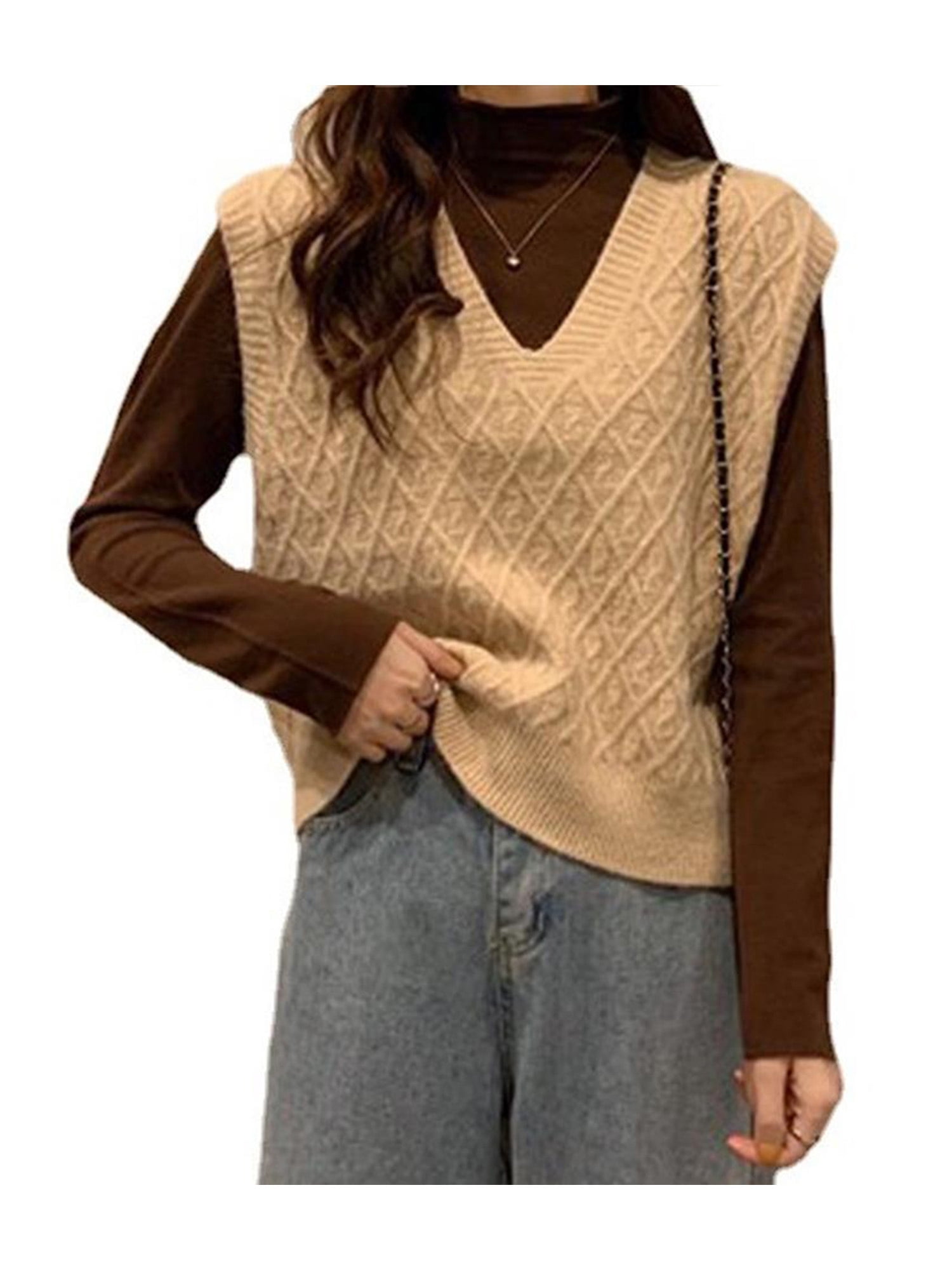 Crownt Women V-Neck Cable Knitted Vest Sweater Casual Outerwear Knitted Jumper Tank Sleeveless Tank Top, Women's, Size: One size, Orange