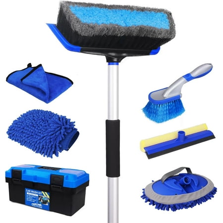 NIKCOSMK 62'' Car Wash Brush with Long Handle, Car Wash Kit with Tire Brush, Tower, Window Squeegee, Chenille Microfiber Car Wash Mop Mitt, Car Cleaning Brush Kit Supplies for Car, Truck, SUV, RV