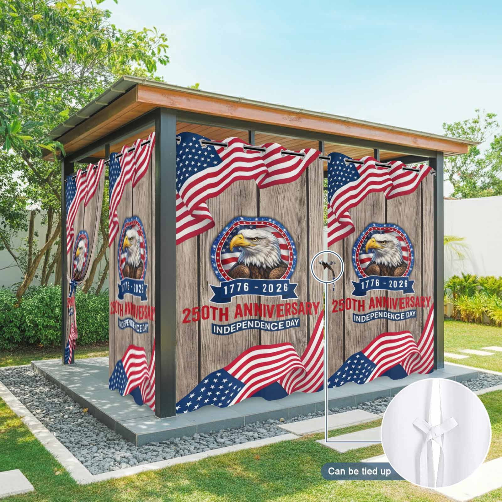 Anniversary Outdoor Curtains for Patio, Patriot Eagle USA Flag Independence Day Wood Sunshade Privacy Drapes Grommet Waterproof Outside Curtains for Porch/Cabana/Balcony 54"x 95", 1 Panel