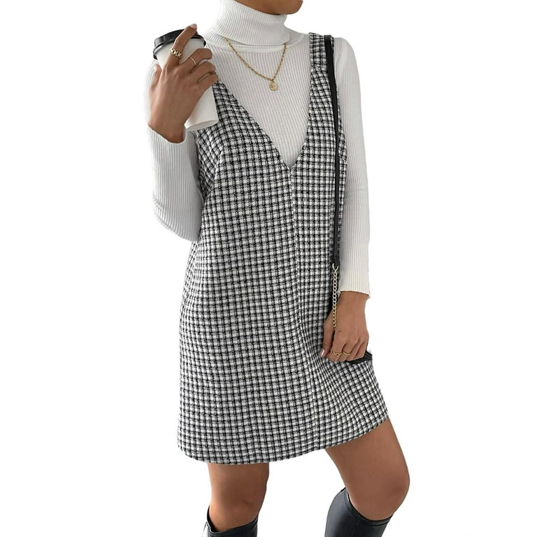 Casual Plaid Straps Pinafore Dress Sleeveless Black and White Women s Dresses