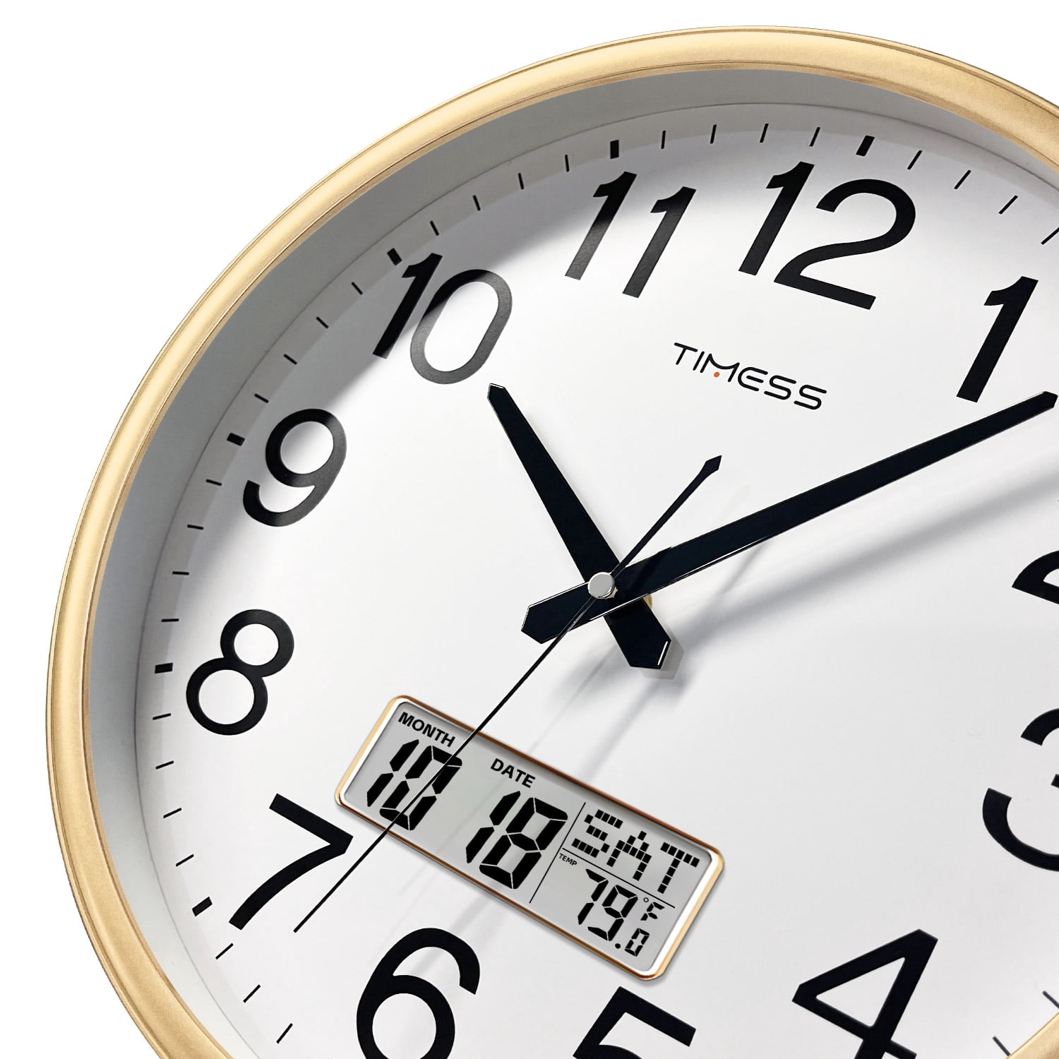 TIMESS 13" Digital Wall Clock with Gold Frame, Calendar & Temperature Display, Silent Movement