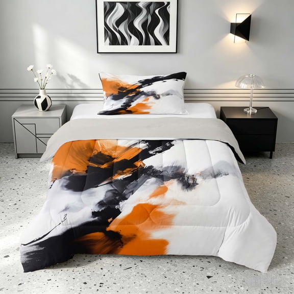 Manfei Abstract Ink Painting Twin Comforter Sets, Watercolor Ombre Bedding Set, Orange, Black and White, Gray Reversible 2-Piece, 1 Comforter and 1 Pillowcase