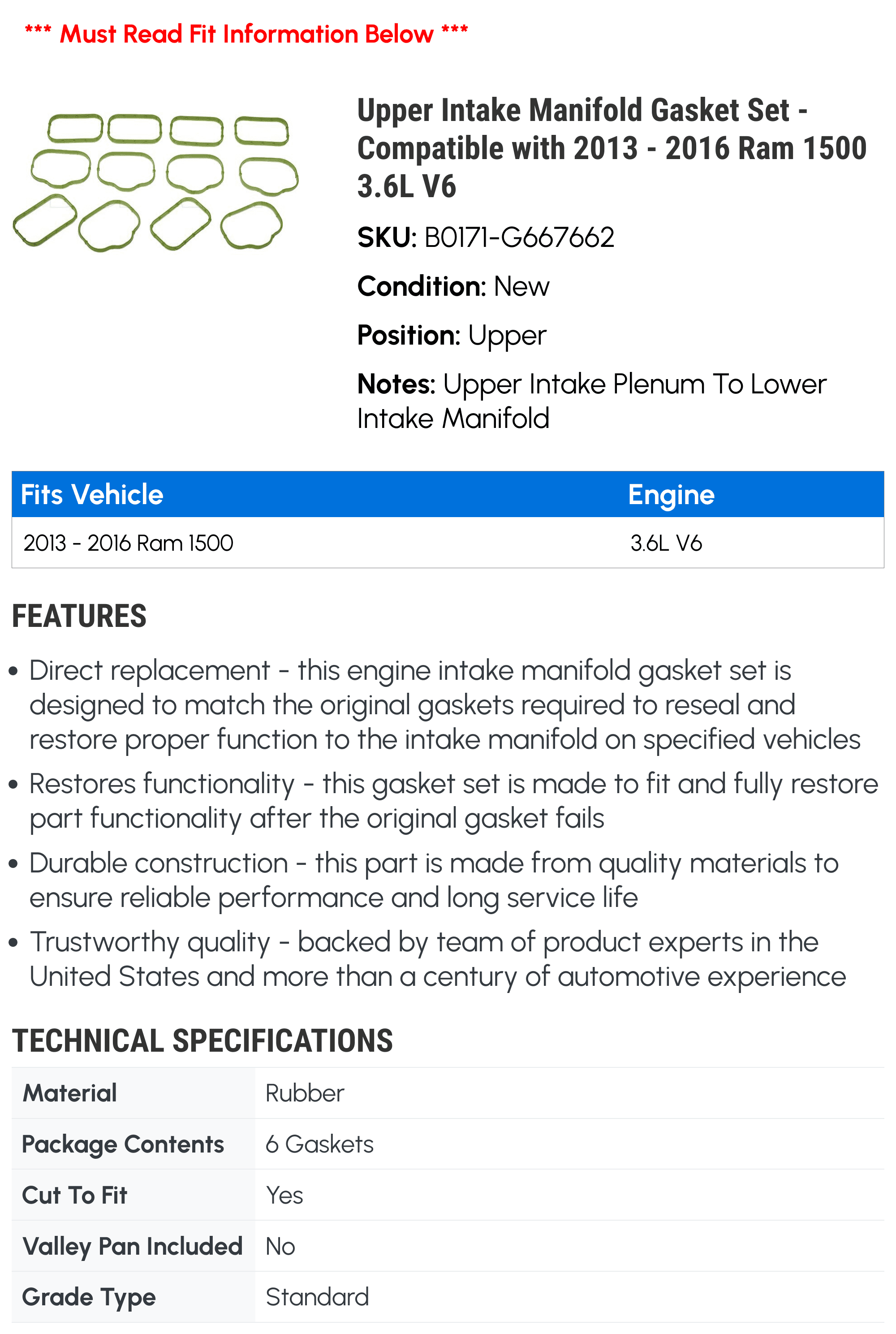 Upper Intake Manifold Gasket Set - Compatible with 2013 - 2016 Ram 1500 3.6L V6 2014 2015