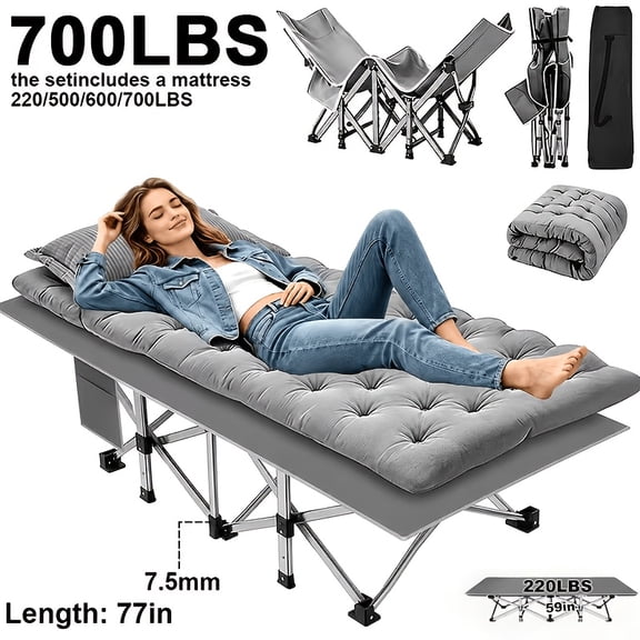 Outdoor sole adult camping bed 28 inch wide heavy bed, portable folding bed, camping bed with mattress, sofa bed, lounge chair folding bed, companion bed, suitable for beach, courtyard, terrace, RV,