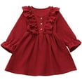 thumbnail image 1 of Splozh Fall Long Sleeve Dress Toddler Kids Baby Girl Solid Linen Button Ruffle Party Dress Clothes Red,5-6 Years, 1 of 5