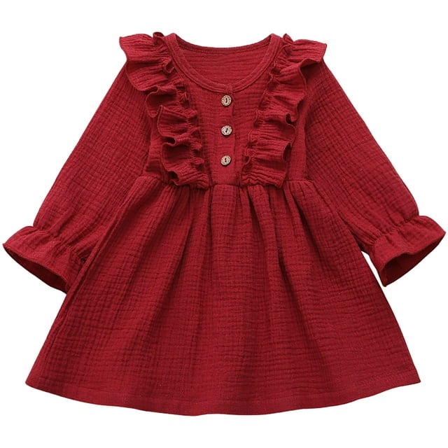 Zanarzt Robe pour Tout-Petit Fille Robe pour Tout-Petit Enfants Bébé Fille en Lin Uni à Boutons à Volants Robe de Fête Vêtements Rouge, 5-6 Ans