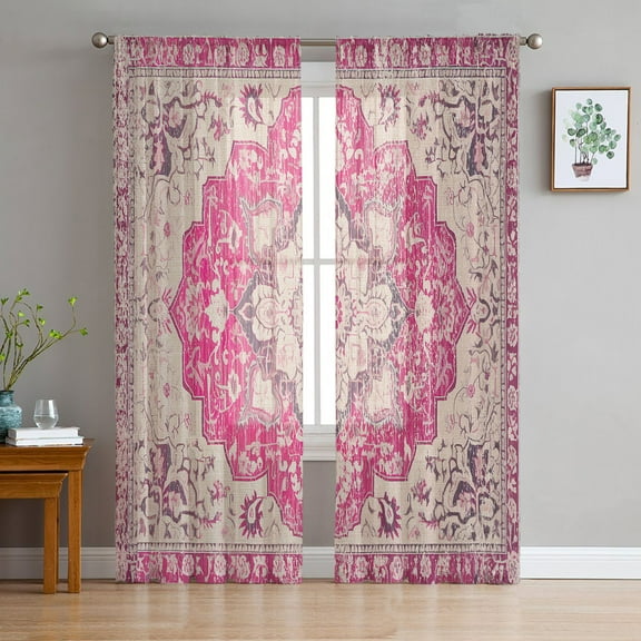 Pink Flower, Semi Sheer Curtains 72 Inch Length 2 Panels Set, Abstract Contemporary Boho Geometric Tribal Sheer Kitchen Curtain Privacy Voile Window Curtain for Living Room Bedroom Rod Pocket Drapes