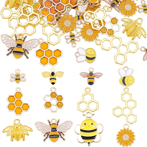 68Pcs Honeycomb Bee Flower Charms Golden Honeybee Pendants Metal Hollow Sweet Honey Charms for Jewelry Making DIY Earrings Bracelet