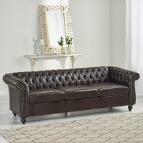 Modern Leather Three-Seater Sofa 220cm -68014.00PUBRN (Exquisite Button Tufting & Nailhead Accents)