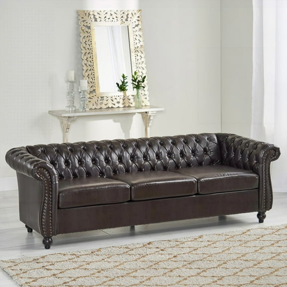 Modern Leather Three-Seater Sofa 220cm -68014.00PUBRN (Exquisite Button Tufting & Nailhead Accents)