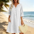 thumbnail image 4 of VBVC Women's Cotton Linen V Neck Tunic Dress , Casual 3/4 Sleeve Summer Shift Dress For Women , Ladies' Button Down Mini Dresses with Pockets,White,S-2XL, 4 of 5