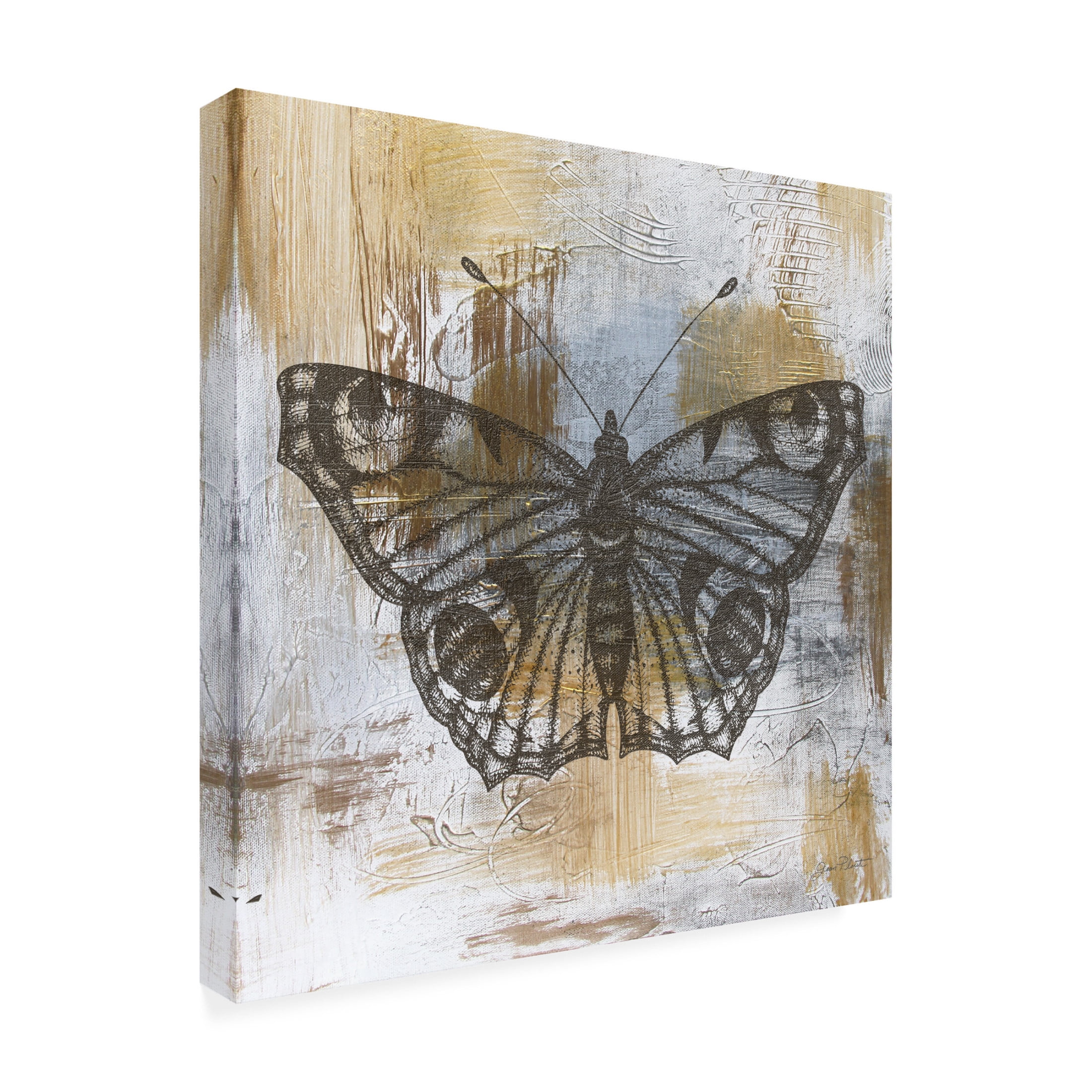 Canvas Wall Art - Jean Plout 'Gold And Grey Textures Butterfly A1' Wall Art for Living Room, Bedroom, or Office Décor by Trademark Fine Art - 14 x 14 Inches