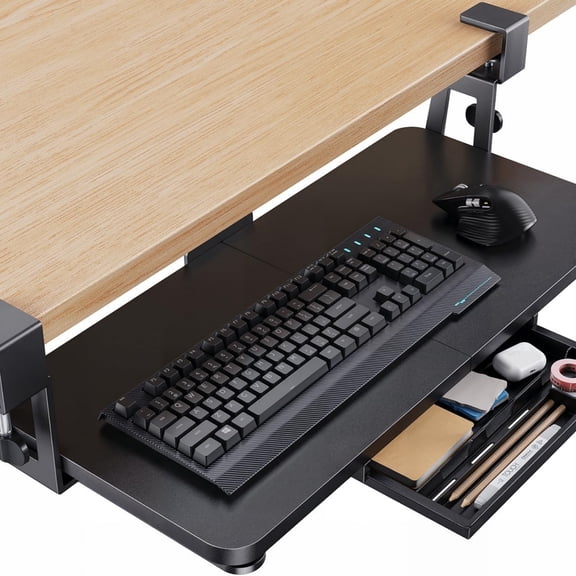 Large Under Desk Keyboard Tray with Sturdy C-Clamp Mount, 26 (30.16" Including Clamps) x 12 inch Slide-Out Platform Computer Desk Heavy Duty Keyboard Tray with Storage Drawer for Typing, Black