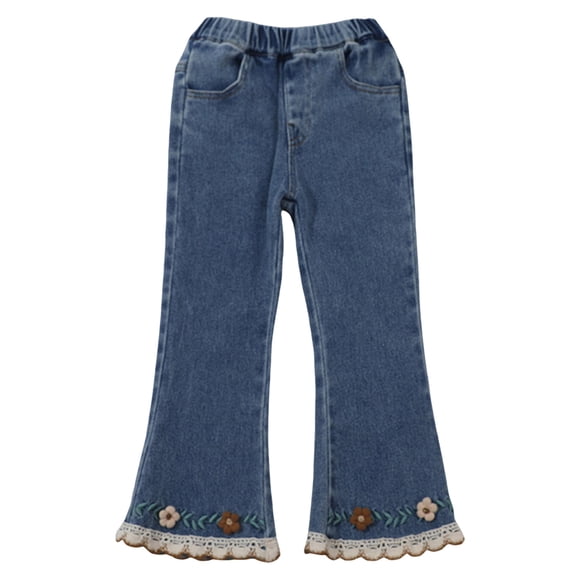 Fsqjgq Flared Leggings Girls Jeans Vintage Denim Pants with Pockets Elastic Waist Flare Pant Flower Embroidered Trousers