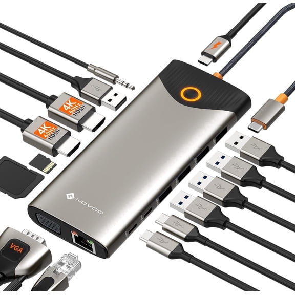 NOVOO USB C docking station dual monitor, 15-in-1 laptop docking station 3 monitor, with 2 HDMI, VGA, USB C/A ports, 100W PD, RJ45, SD/TF and audio, suitable for MacBook/Dell/iPhone/HP/Len ovo