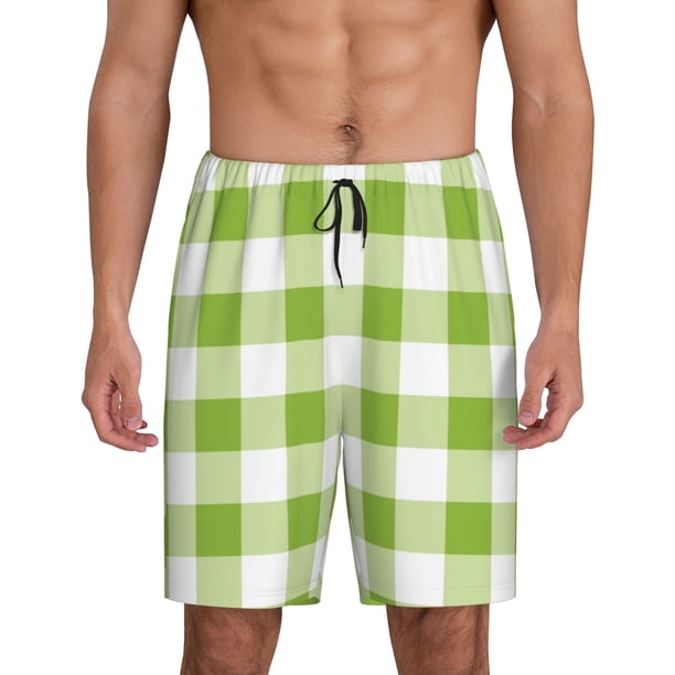 Fotbe White Green Plaid Pantalones Cortos de Pijama para Hombre, Ropa de Dormir, Pantalones de Pijama Cortos para Hombre-Medium