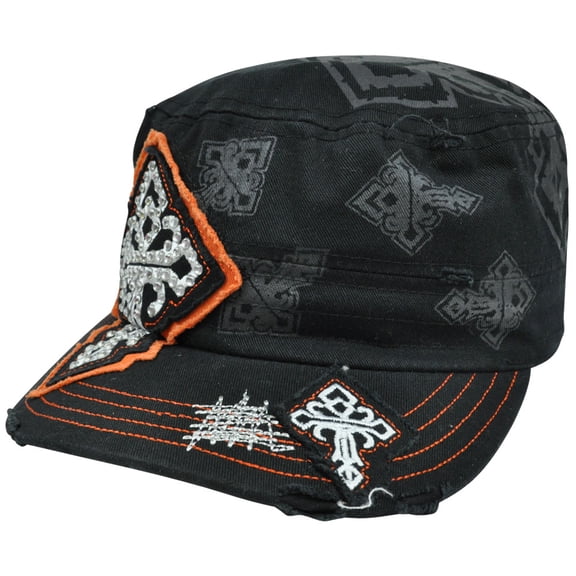 Fatigue Field Patrol Military Style Hat Castro Gem Ripped Black Celtic Cross Cap