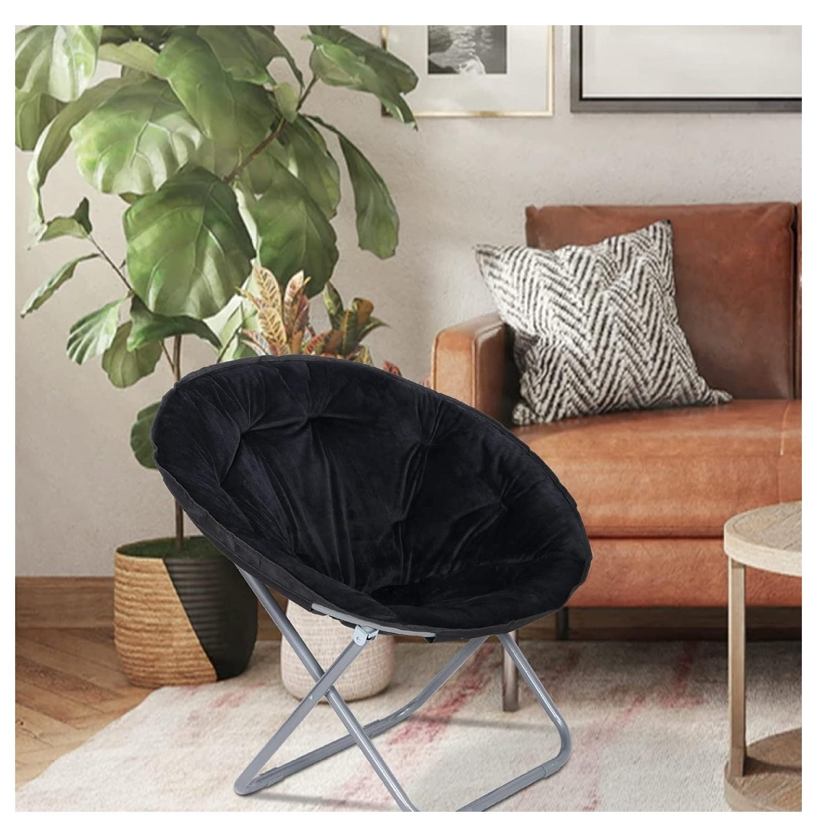 Faux Fur Moon Chair, Folding Saucer Chair for Adults, Portable Lounge Chair for Bedroom, Dorm, Patio - Black