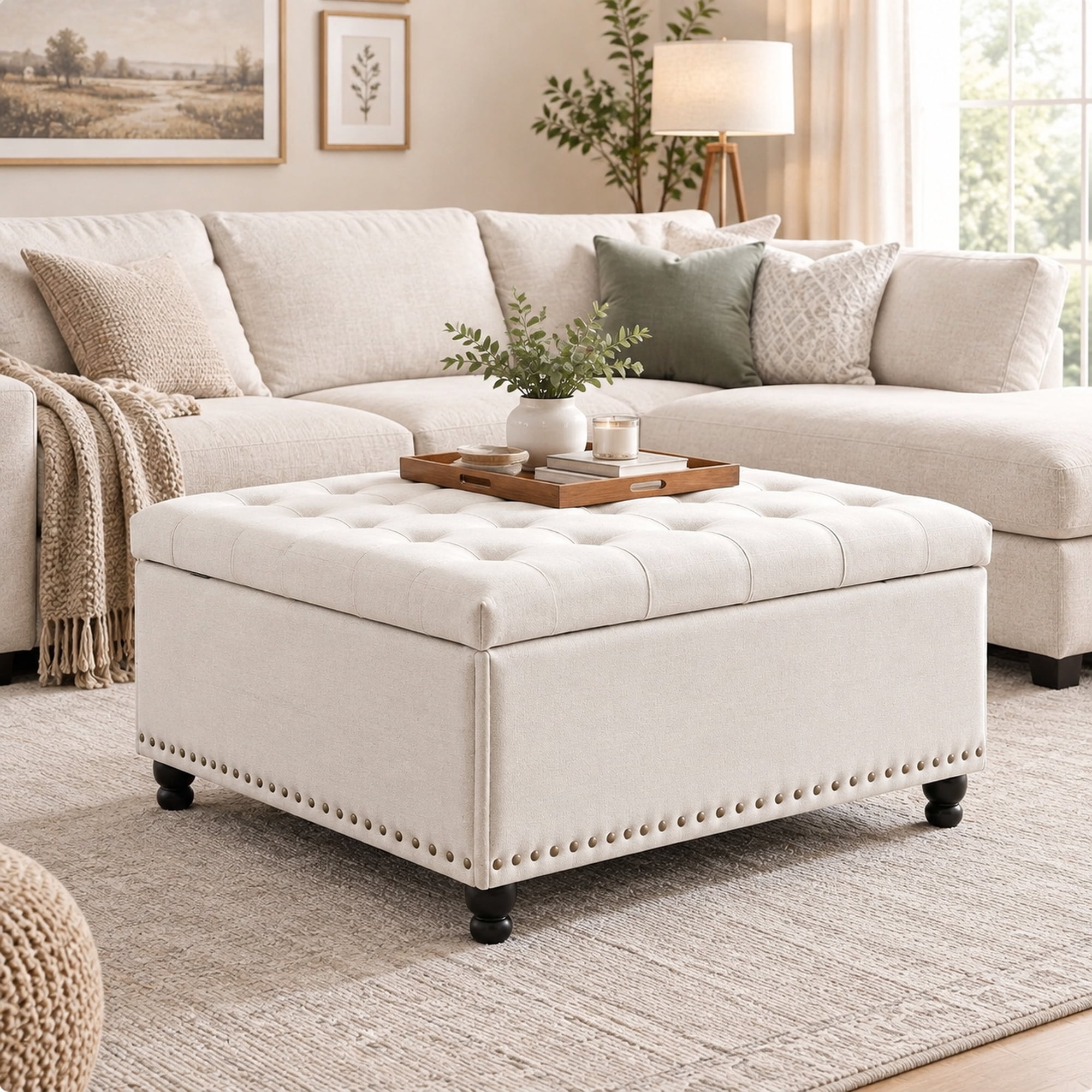 35.5 Inch Beige Large Square Storage Ottoman with Lift Top Multi-purpose Furniture for Living Room Entryway Bedroom Storage Seating