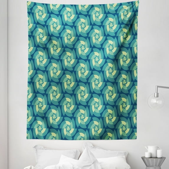 Abstract Tapestry, Fractal Triangles Circular Shapes Retro Style Geometrical Tile, Fabric Wall Hanging Decor for Bedroom Living Room Dorm, 5 Sizes, Blue Teal Pale Green, by Ambesonne
