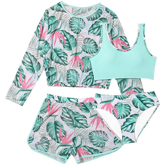 Swimsuit Set for Girls with Long Sleeves and Print Design, 4-Piece Matching Outfit for Swimming, Pool Parties, and Photoshoots