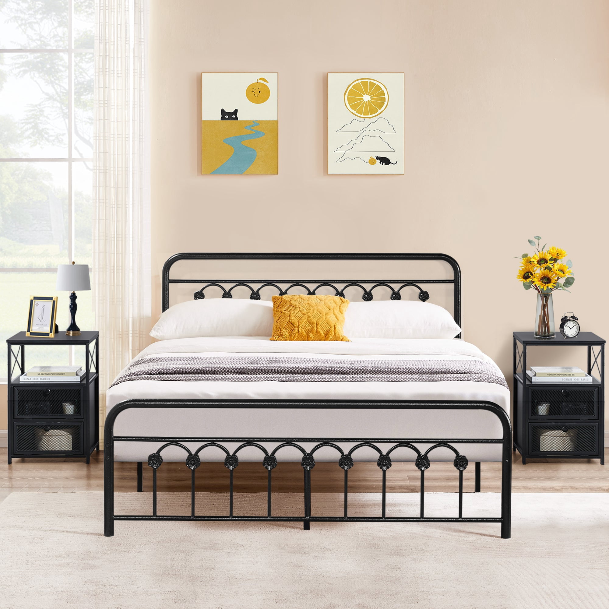 VECELO 3 Piece Bedroom Set with Metal Bed Frame and 2 Nightstands ...
