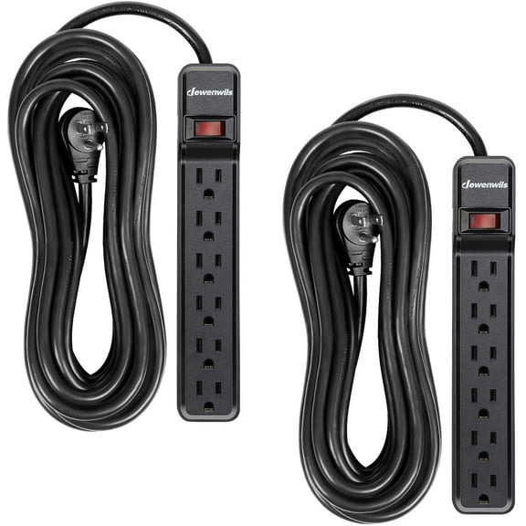 DEWENWILS 2-Pack 6-Outlet Surge Protector Power Strip with 25ft Long Power Cord, Low Profile Flat Plug, 500 J, Black