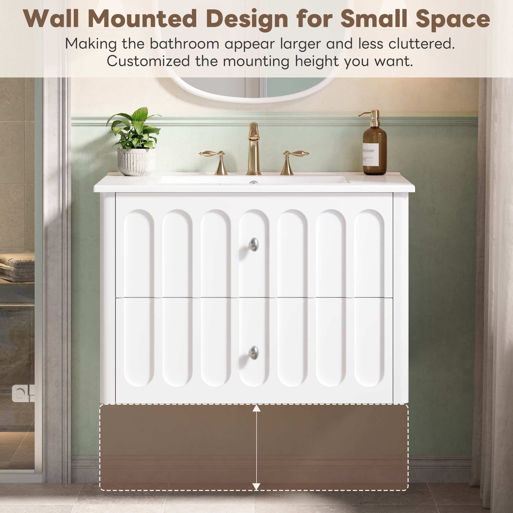 30" Modern Floating Bathroom Vanity with Oval Knobs & Round Edge, Soft-Close Drawer Slides, Bathroom Cabinet with Ceramic Sink