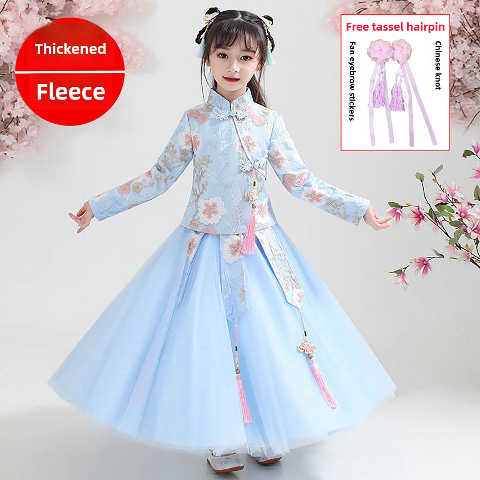 Coerni Toddler Baby Girls New Year's Tang Suit Sets Chinese Ancient Clothing Sets Vintage Long Sleeve Floral Top Dress 2Pcs Outfits