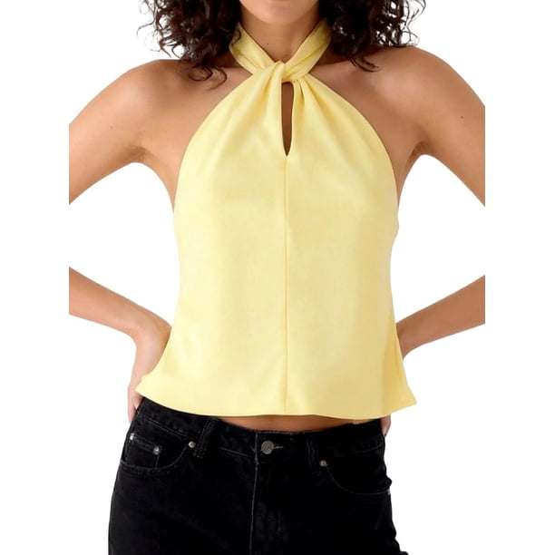 Camisetas de tirantes halter de verano para mujer, color liso, sin mangas, sin espalda, con lazo, estilo chaleco corto para fiesta.