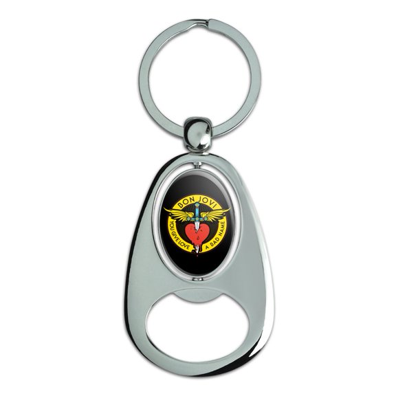 Bon Jovi You Give Love a Bad Name Keychain Chrome Metal Spinning Oval Bottle Opener