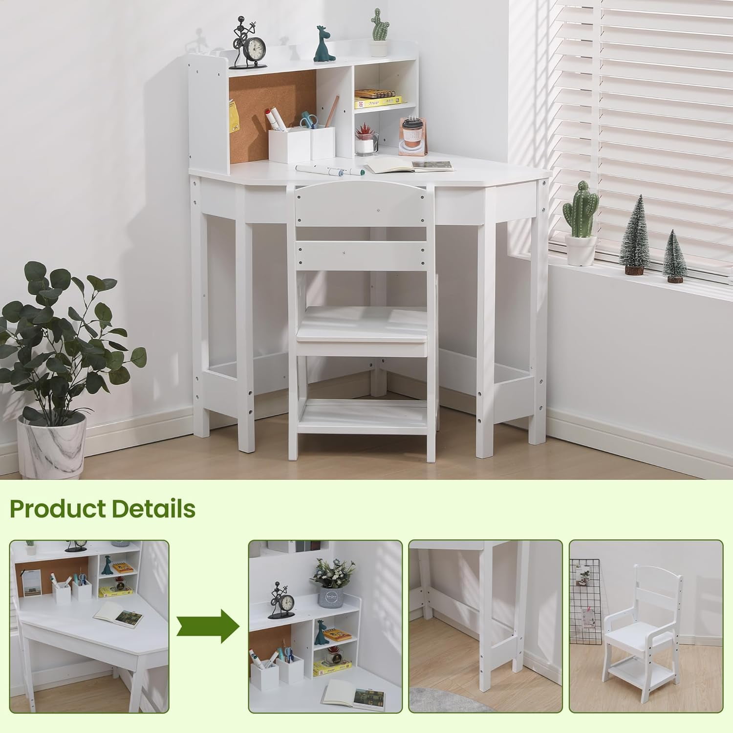 Kids Study Desk and Chair Set, White Corner Table with Adjustable Chair, Hutch, Cork Bulletic Board, Pen Holders, Small Art Table Homework Table Set for Children for Home School