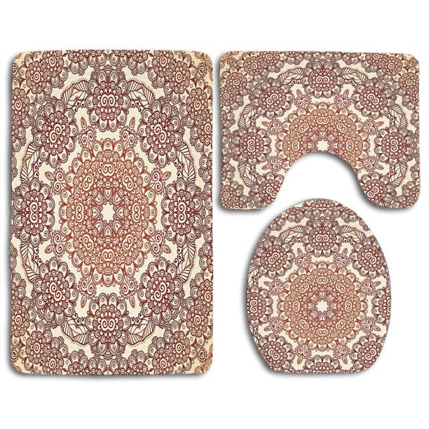 Pudmad Ethnic Vintage Round Mehndi Tones Spring Flowers Chesnut 3 Piece Bathroom Rugs Set Bath Rug Contour Mat And Toilet Lid Cover Com Pudmad Ethnic Vintage Round, 3 Round Bath Rug