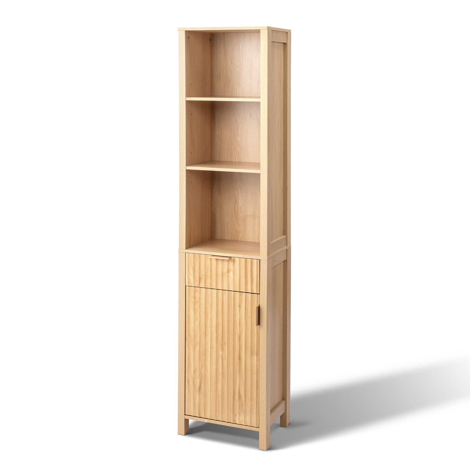 Ktaxon Fluted Bathroom Storage Cabinet Narrow Tall, Freestanding Cabinet Storage Tower with Grille Single Door and One Drawer, Oak