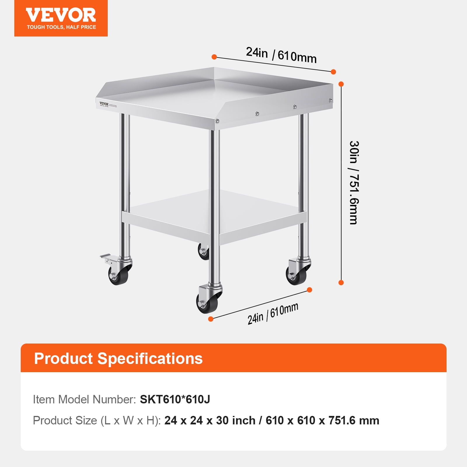 VEVOR Stainless Steel Work Table, 24 x 24 x 30 Inch Commercial Food Prep Worktable with 4 Wheels, Casters, 3-Sided Backsplash Heavy Duty Prep Worktable, Metal Work Table for Restaurant Home Hotel