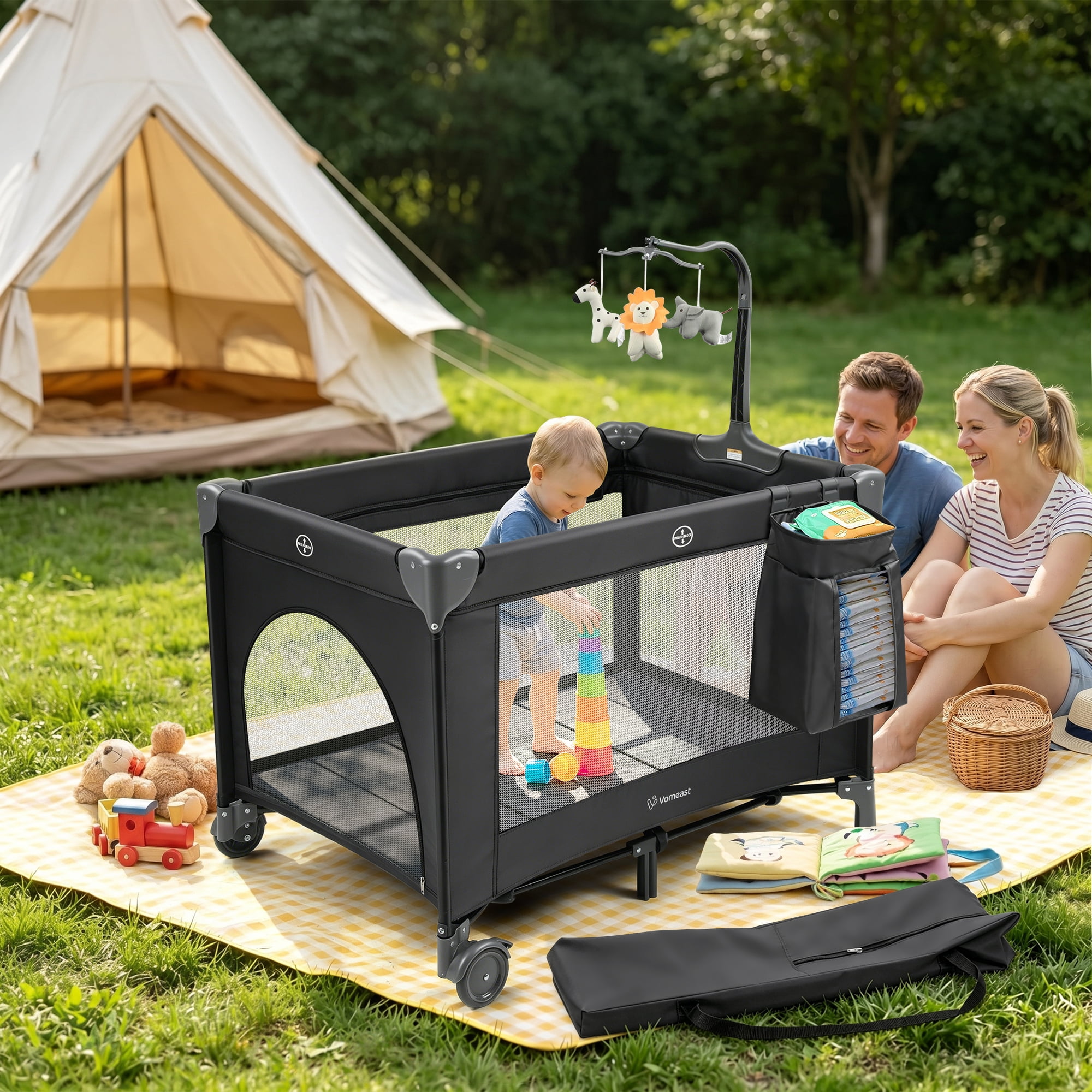Vomeast Baby Playard,Portable Baby Bassinet Pack and Play with Mattress and Toy Bar,Foldable Bassinet Crib,0-5 Months,Black