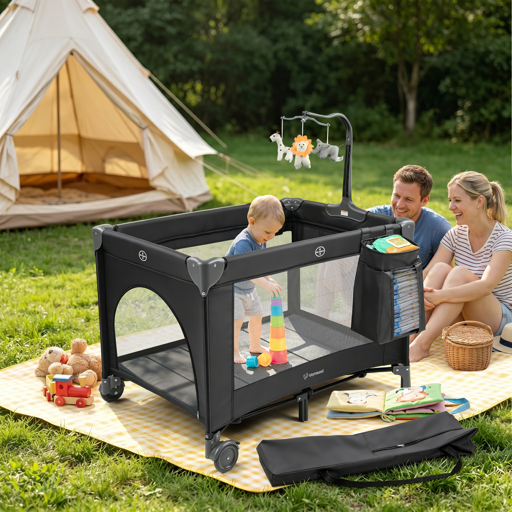 Vomeast Baby Playard with Bassinet and Toy Bar, Black photo 6