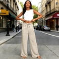 thumbnail image 6 of Nestiefly Womens Casual Linen Wide Leg Pants Flowy Drawstring High Waist Palazzo Beach Vacation Trousers Beige M, 6 of 7