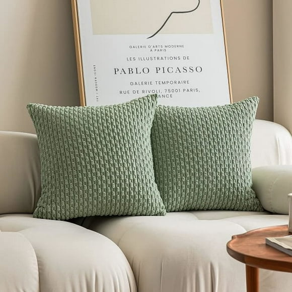 Set of 2 decorative pillowcases, soft striped corduroy fabric square box 40x40 cm, bohemian home decor, sage green