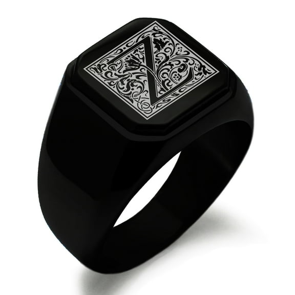 Stainless Steel Letter Z Initial Floral Box Monogram Engraved Engraved Square Flat Top Biker Style Polished Signet Ring