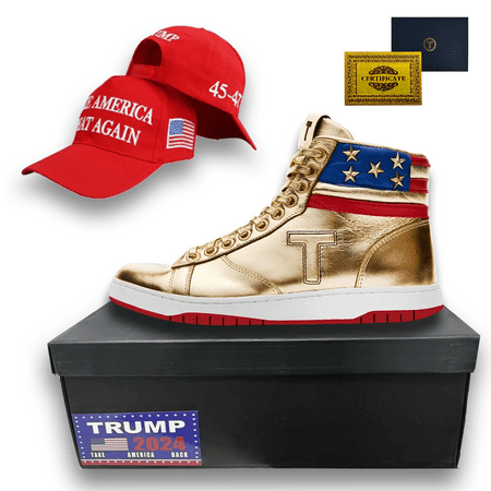 

2024 Trump Never_Surren_der High Top Trump Gold Letter Sneakers with Trump the same baseball cap MAKE AMERICA GREAT AGAIN Sneaker SIZE 47 48