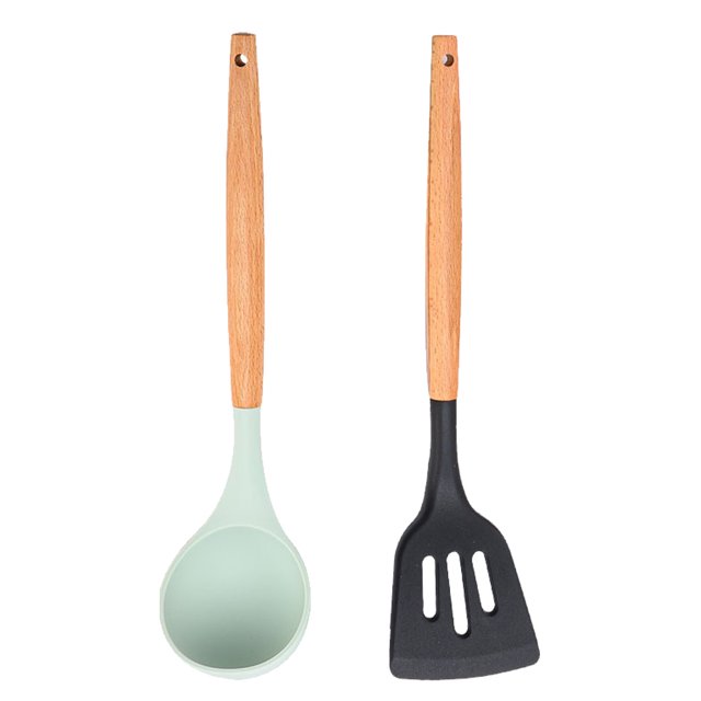 Utensilios de cocina del silicón, sistema del utensilio de cocina de 2 piezas, utensilios de cocina de madera fáciles de limpiar