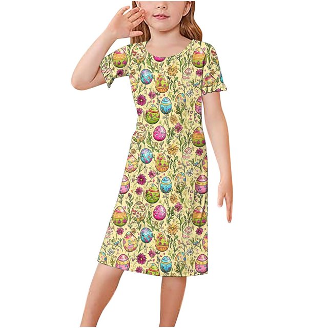 RXIRUCGD 2025 Vêtements d'Été pour Enfants 3-12 Ans Mode Couleur Unie Pyjamas Rêveurs Robe à Manches Courtes Col Rond