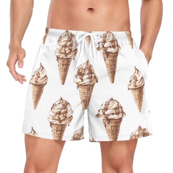 FORMRS Mens Swim Trunks Mesh Liner Quick Dry Casual Beach Board Shorts with Pockets, Sizes S-2XL, Brown Ice Cream Pattern