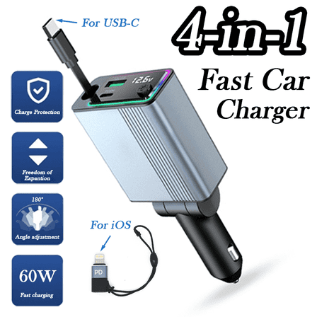Fast 60W Car Charger Adapter 4-in-1 with Retractable Cables - Compatible iPhone 16/15/14, Samsung Galaxy, Pixel, Android - Dual USB Ports Compact Car Phone Charger for All Devices