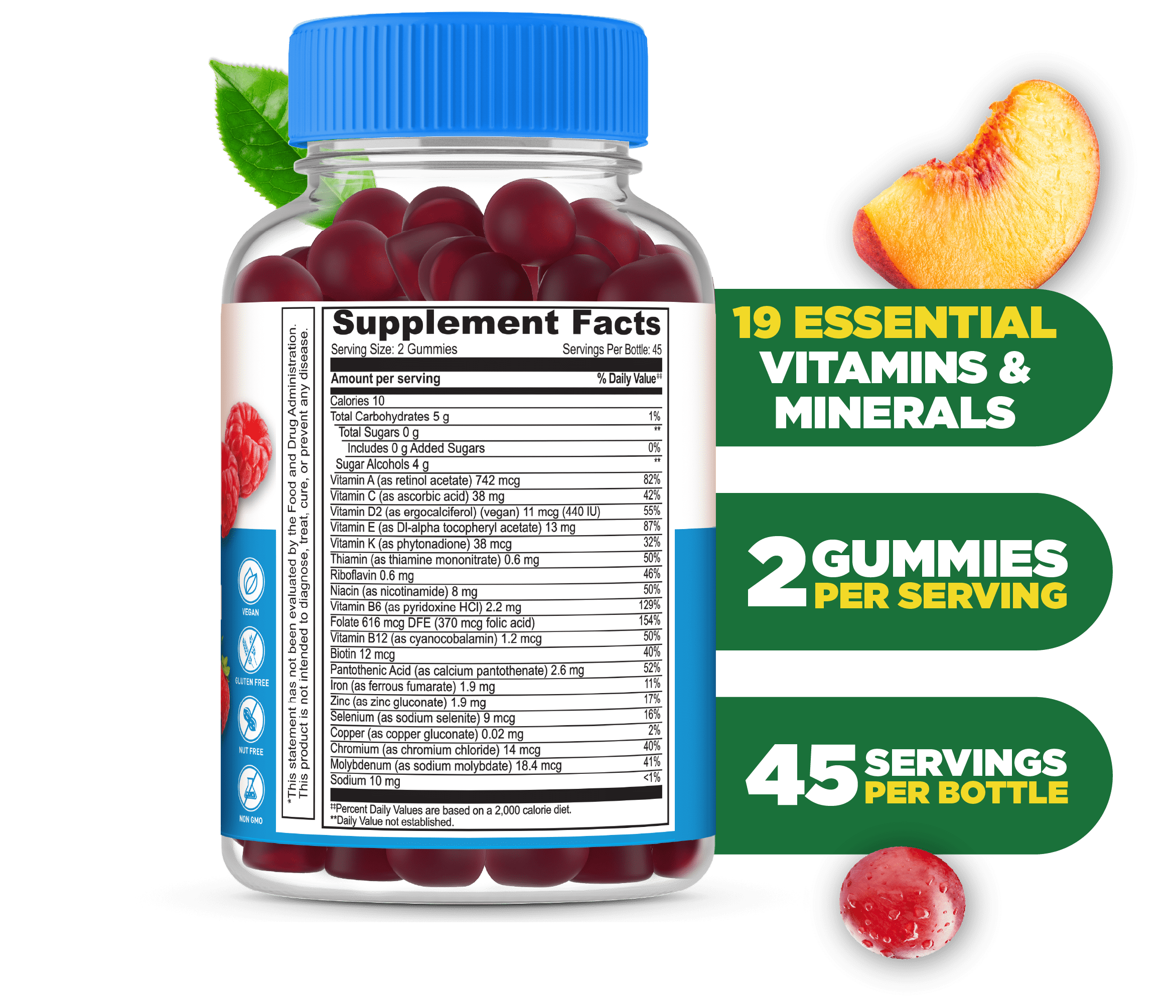 Lifeable Sugar Free Multivitamin Gummies - with Iron Vitamin A, C, D, E, Niacin, B6, Folate, B12, Biotin, Pantothenic Acid, Zinc - Great Tasting - 90 Gummies