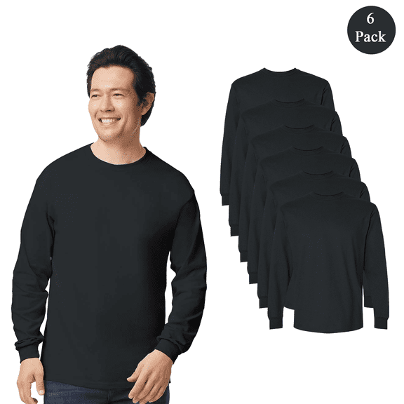 Gildan Men’s Ultra Cotton Long Sleeve Crewneck T-Shirt, 6-Pack Durable Rib Cuffs Black Tee, S