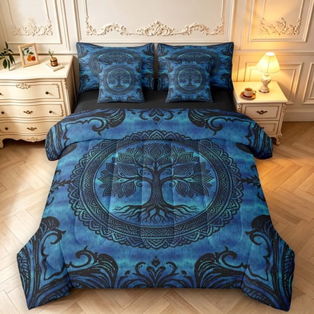 Homewish Boho Damask Nature Tree 7 Pieces Full Size Bedding Sets Botanical Design Full Size Bed in a Bag Black Blue Black Reversible